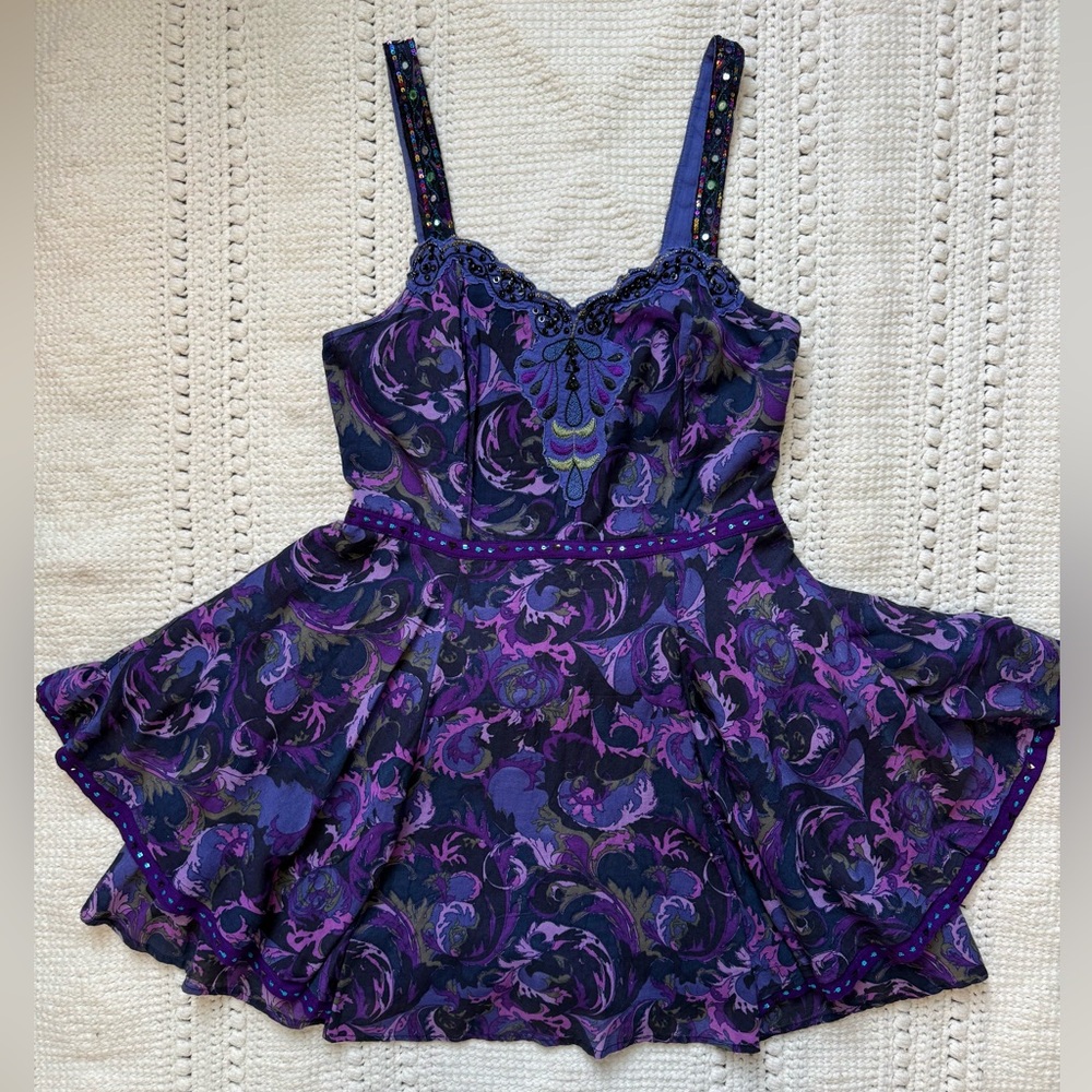 Free People Purple Paisley Boho Y2K Sequins Babydoll Mini Dress Size 6